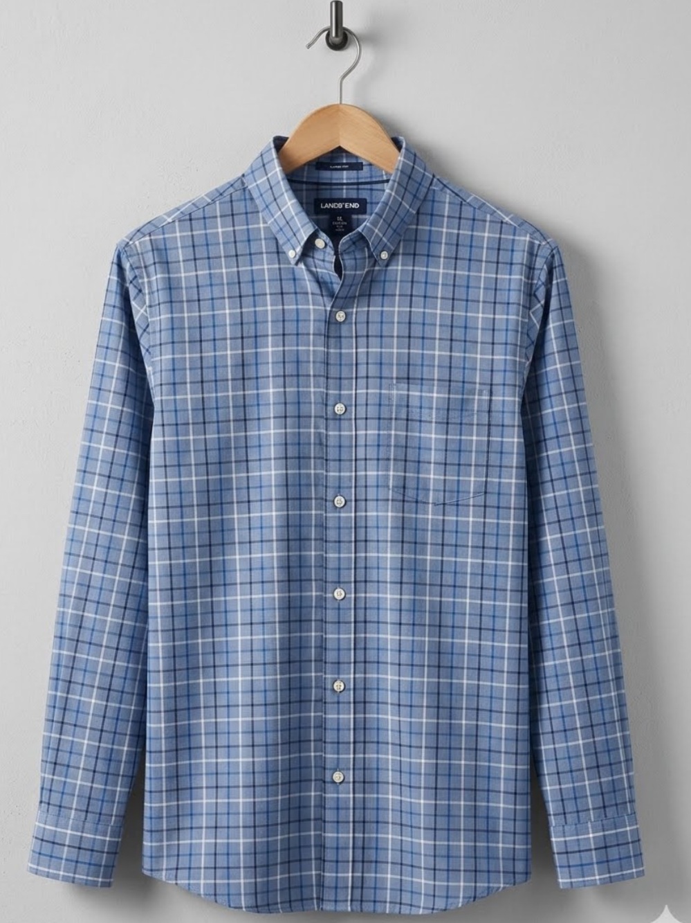 Lands' End Blue and White Plaid Button-Down Shirt